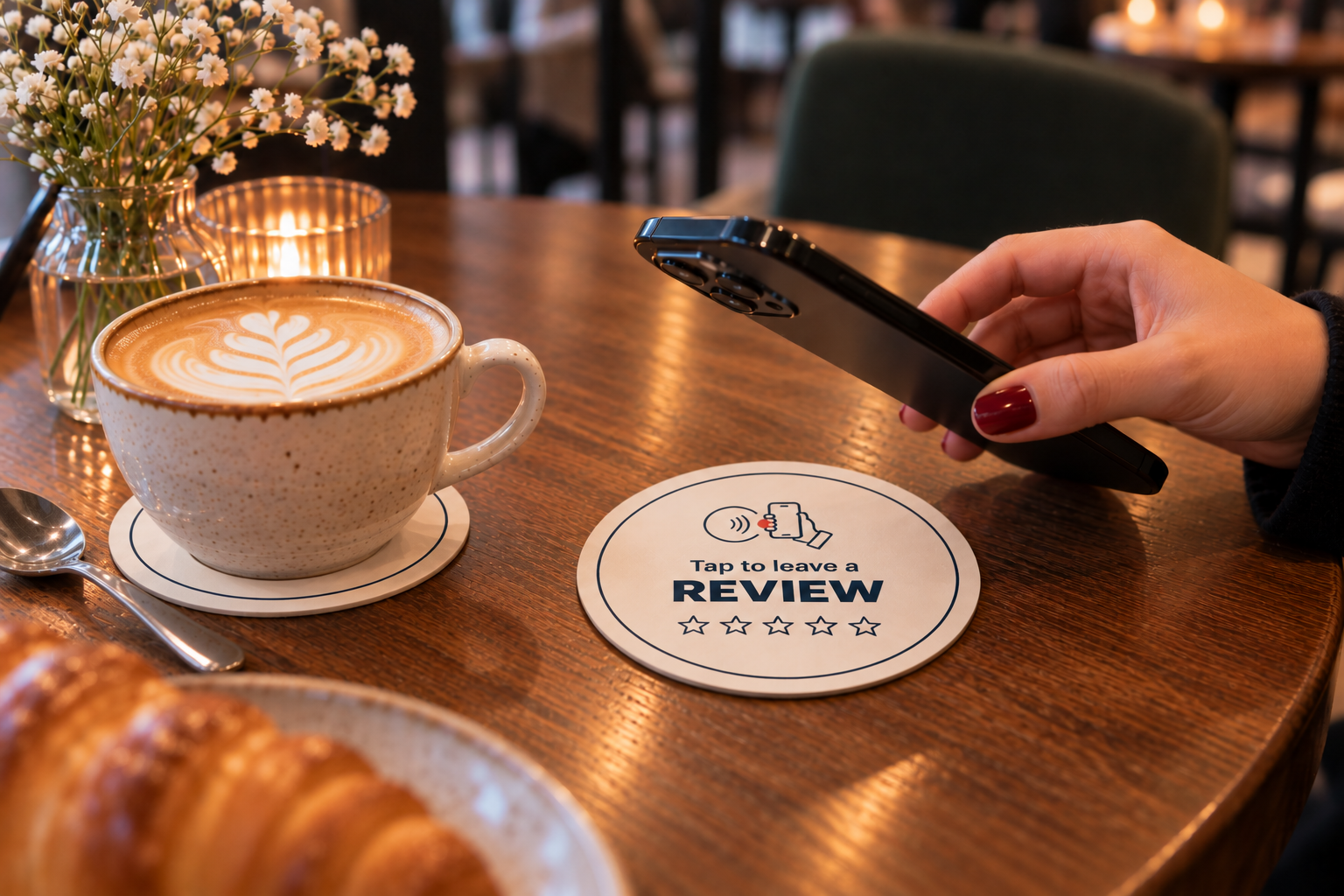 Gast tikt met een smartphone op een Klinkt NFC-onderzetter op een cafetafel